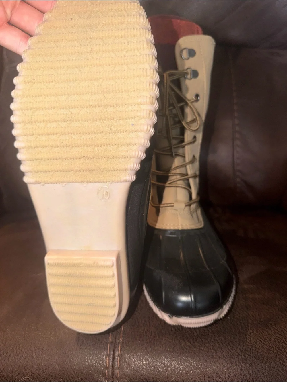Classic Tan Duck Boots with Plaid Collar